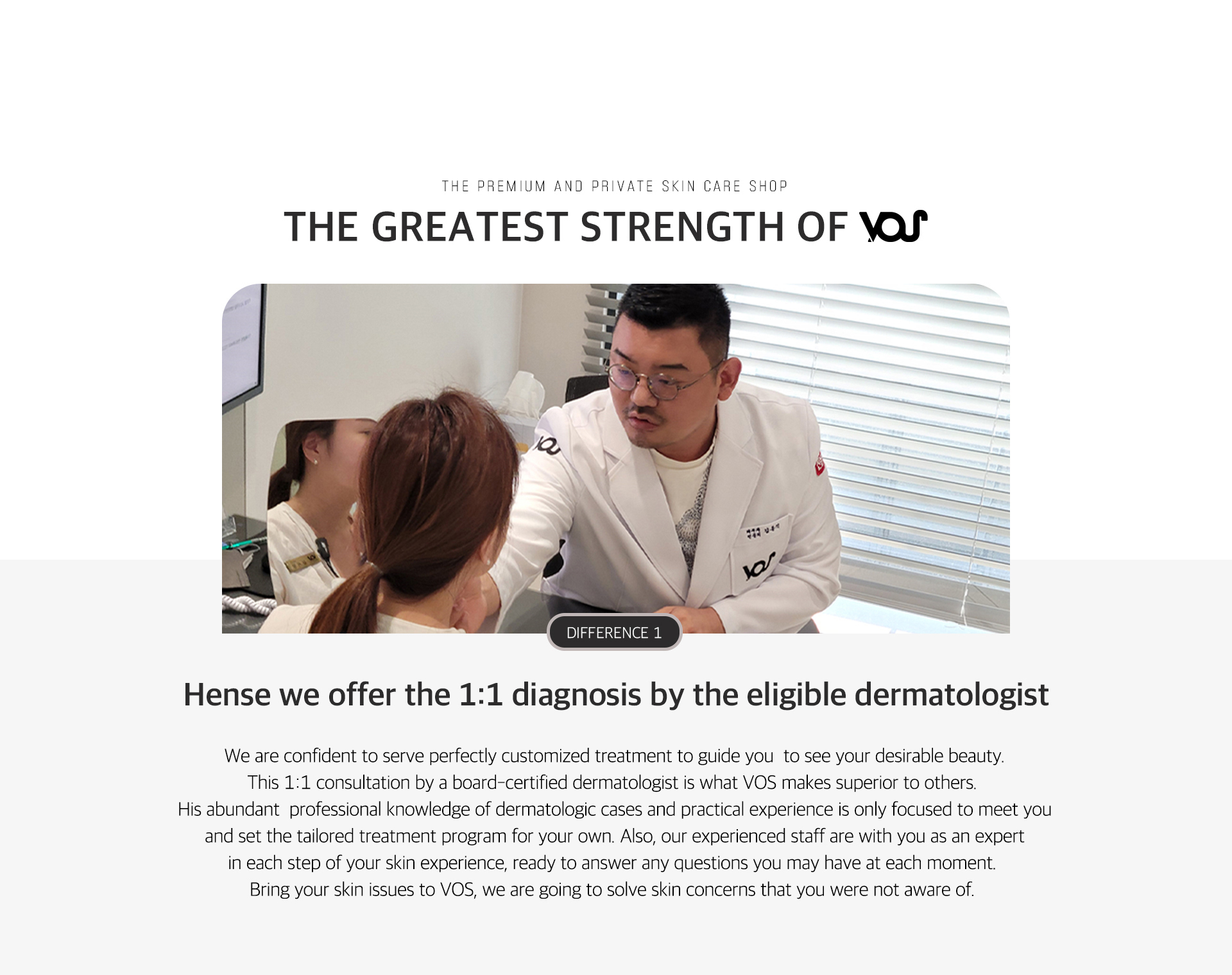 THE GREATEST STRENGTH OF VOS. [DIFFERENCE 1] Hense we offer the 1:1 diagnosis by the eligible dermatologist